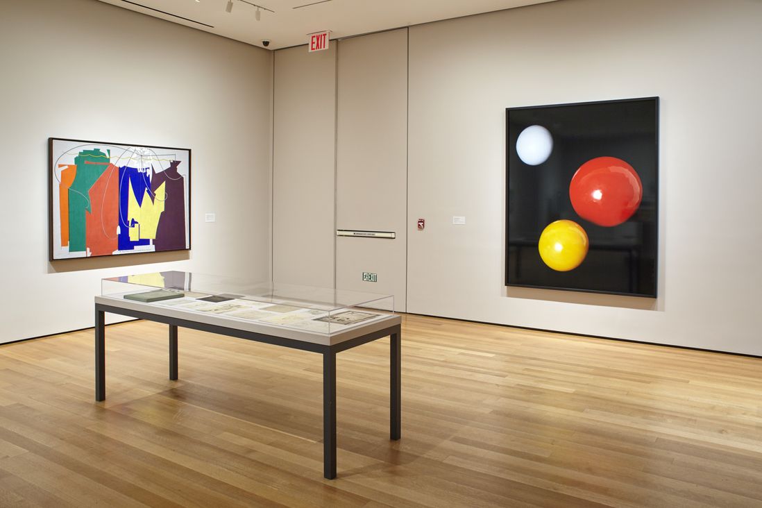 Installation view of the collection galleries at The Museum of Modern Art, New York. At right, Shirana Shahbazi's "[Composition-40-2011], 2011"<br>